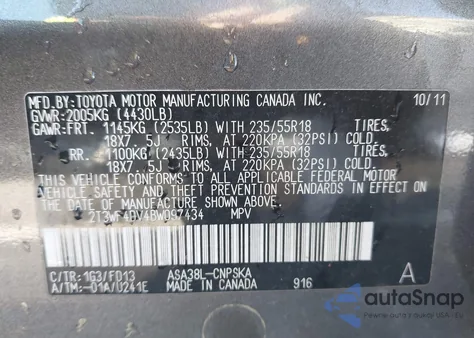 2011 Toyota Rav4 Sport из США, поврежденный, VIN 2T3WF4DV4BW097434